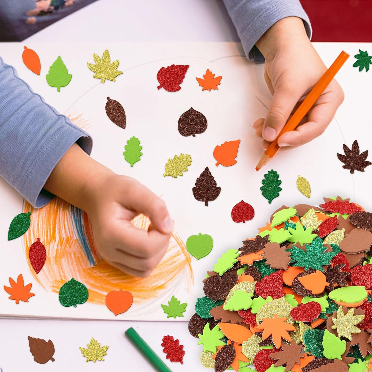 JULBEAR 300Pcs Fall Leaf Foam Stickers for Kids Autumn Thanksgiving Crafts