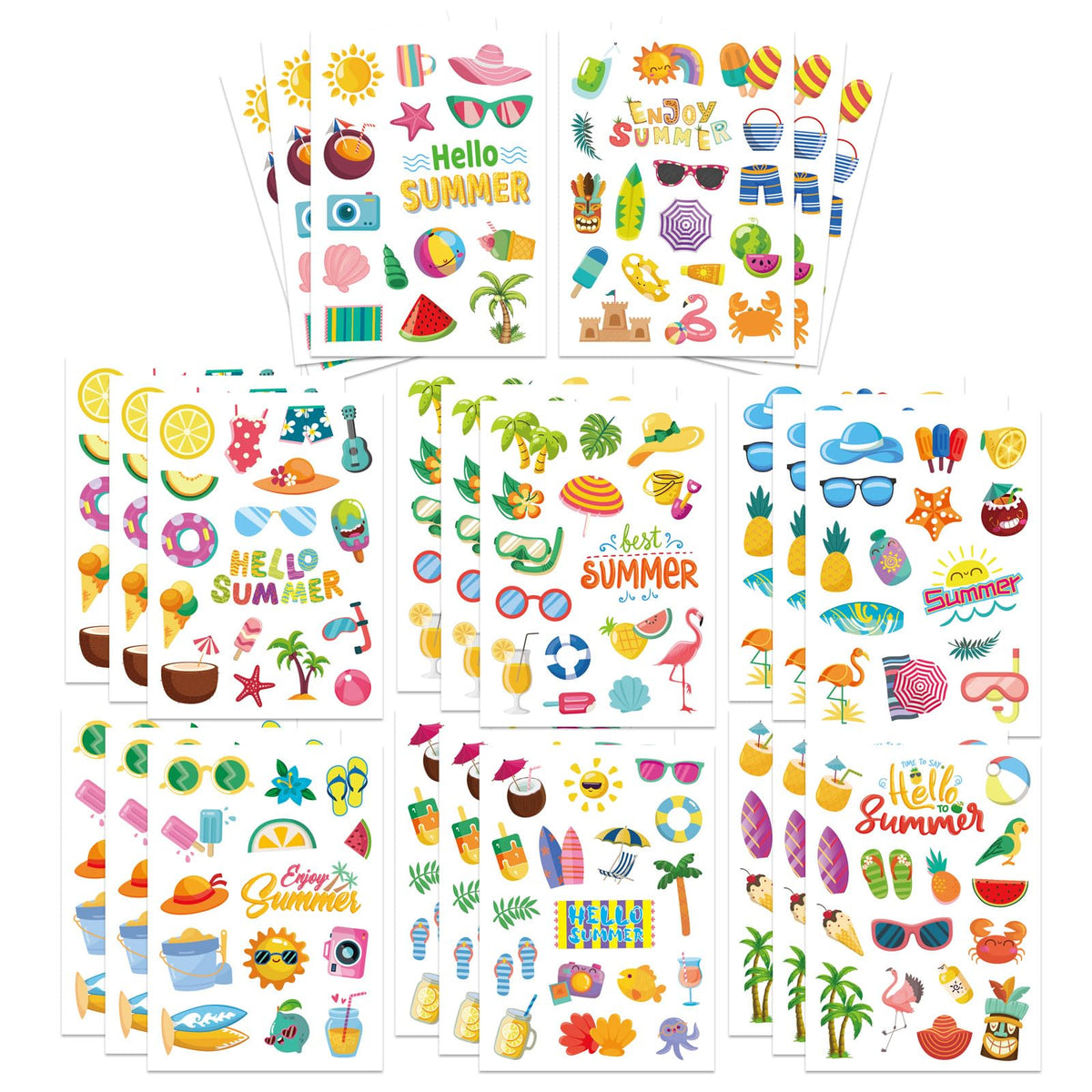 24 Sheets Summer Pool Beach Stickers Luau Hawaii Sun Stickers Beach Watermelon Beer Ice Cream Pineapple Sticker for Hawaii Tropical Party Decoration Sticker Summer Holiday Party Favors