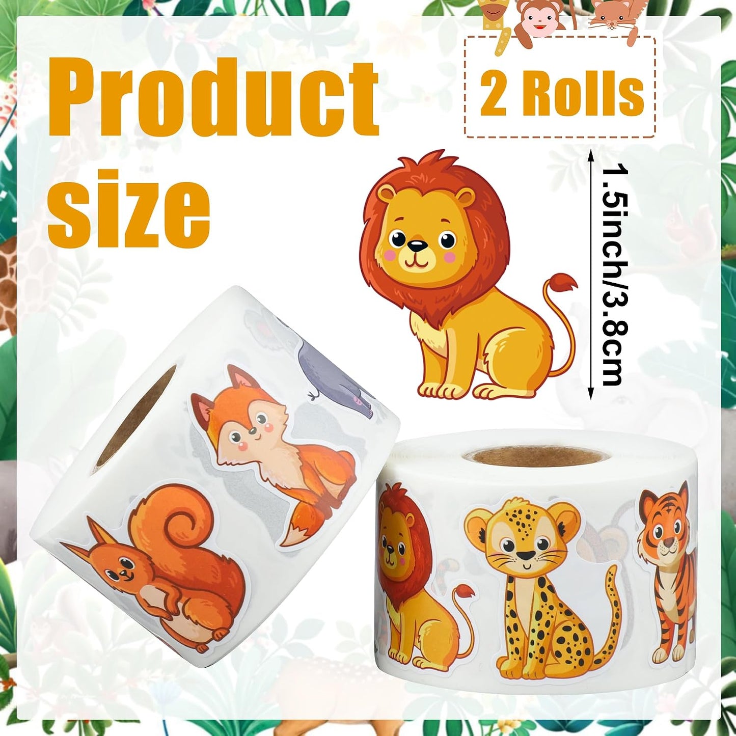 1200 Pcs Safari Animal Stickers Roll 1.5" Cartoon Jungle Animal Sticker Labels 16 Designs Self-Adhesive Cute Zoo Animals Incentive Decals for School Classroom Teacher Reward Envelopes Gift Party Decor
