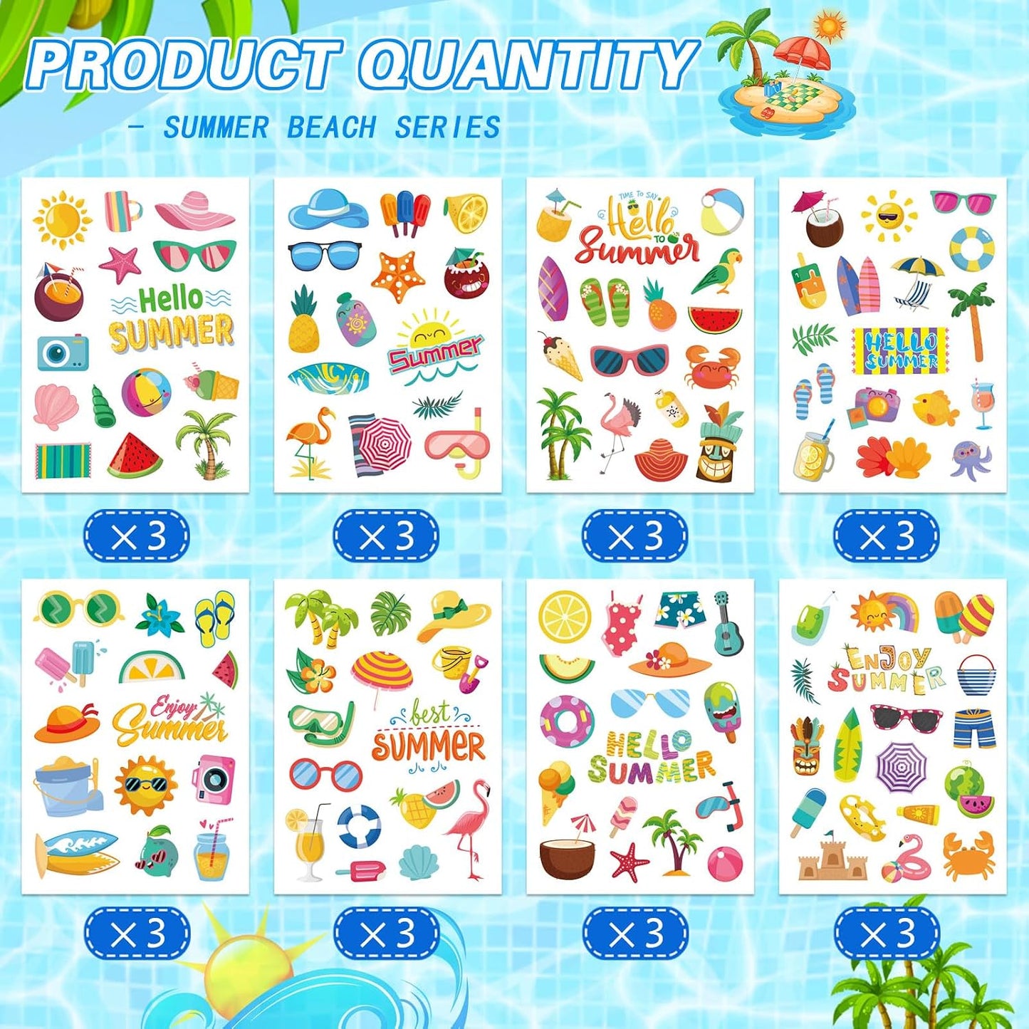 24 Sheets Summer Pool Beach Stickers Luau Hawaii Sun Stickers Beach Watermelon Beer Ice Cream Pineapple Sticker for Hawaii Tropical Party Decoration Sticker Summer Holiday Party Favors