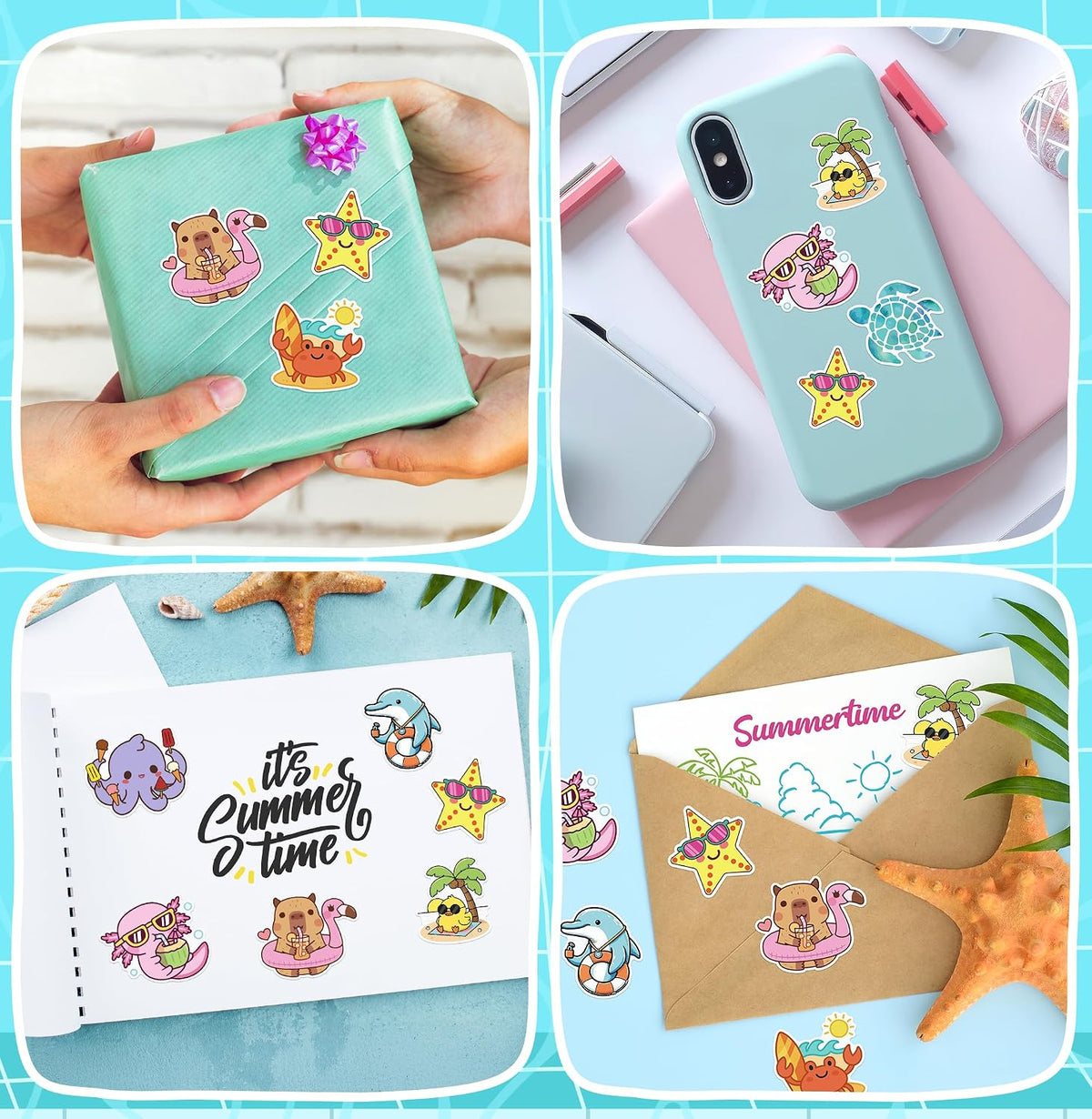 500Pcs Summer Animal Stickers Roll Cute Cartoon Capybara Sea Trutle Self Adhesive Labels Teacher Rewards Scrapbooking Envelope Seals Hawaiian Tropical Holiday Party Favors DIY Crafts Gifts for Kids