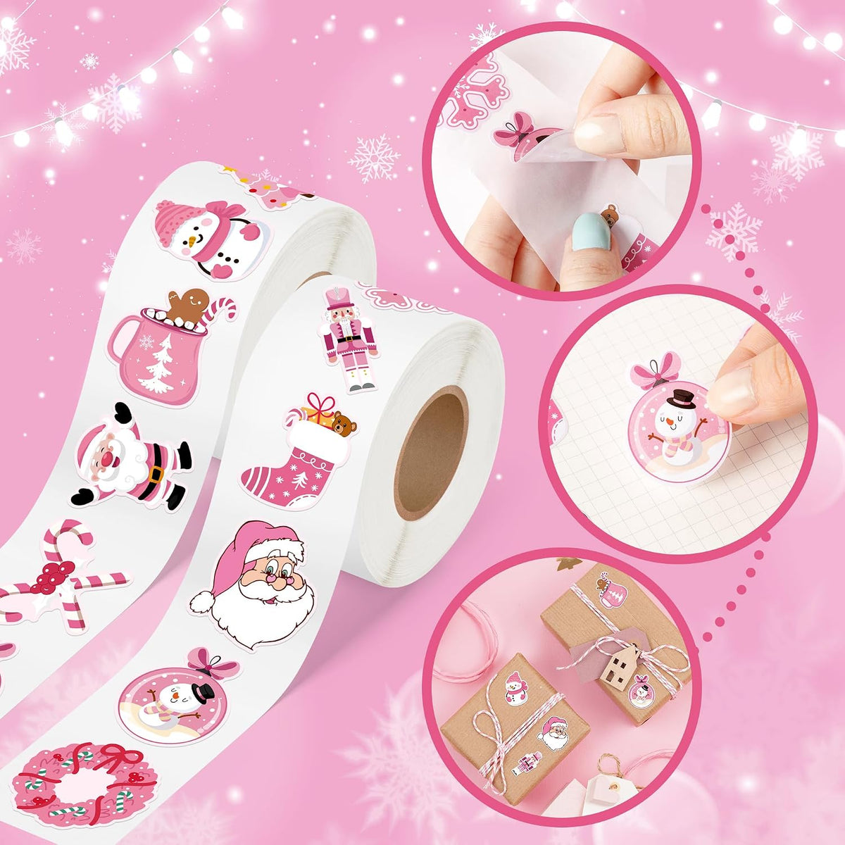 1000Pcs Pink Christmas Stickers Rolls Xmas Tree Santa Claus Nutcracker Snowman Self-Adhesive Decals Winter Wonderland Festive Holiday Party Favors DIY Crafts Gift Bottles Scrapbook Decor, 16 Designs