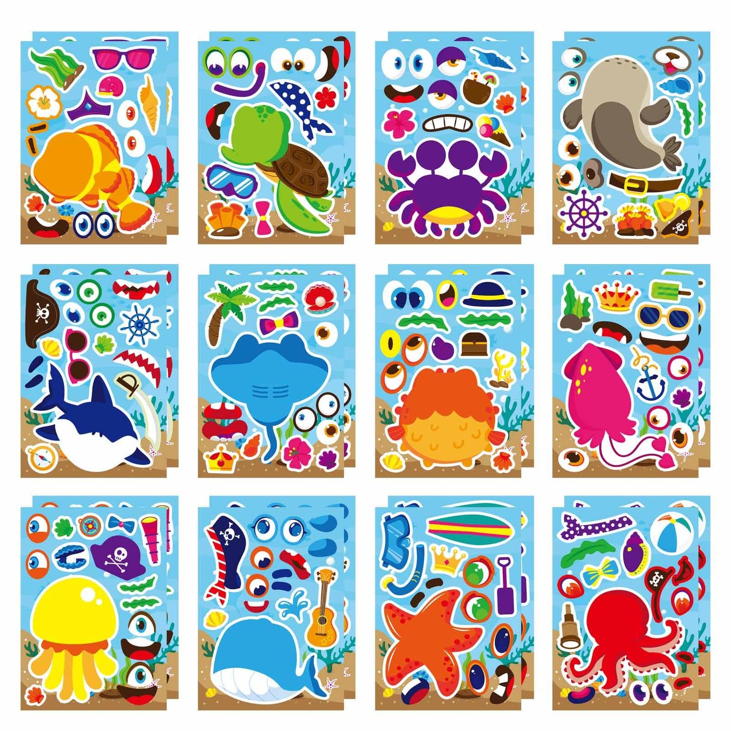 24PCS Summer Stickers for Kids, Make-a-face Stickers, Make Your Own Sticker