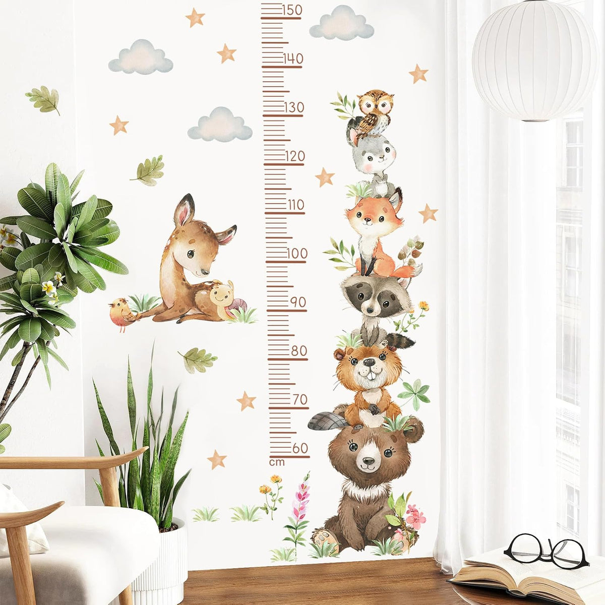 Cartoon Animal Height Growth Chart Wall Sticker for Kids Room Jungle Wild Animals Height Chart Measurement Wall Decals Removable White Clouds Star Garden Plants Grass Wall Murals for Kids Nursey Decor