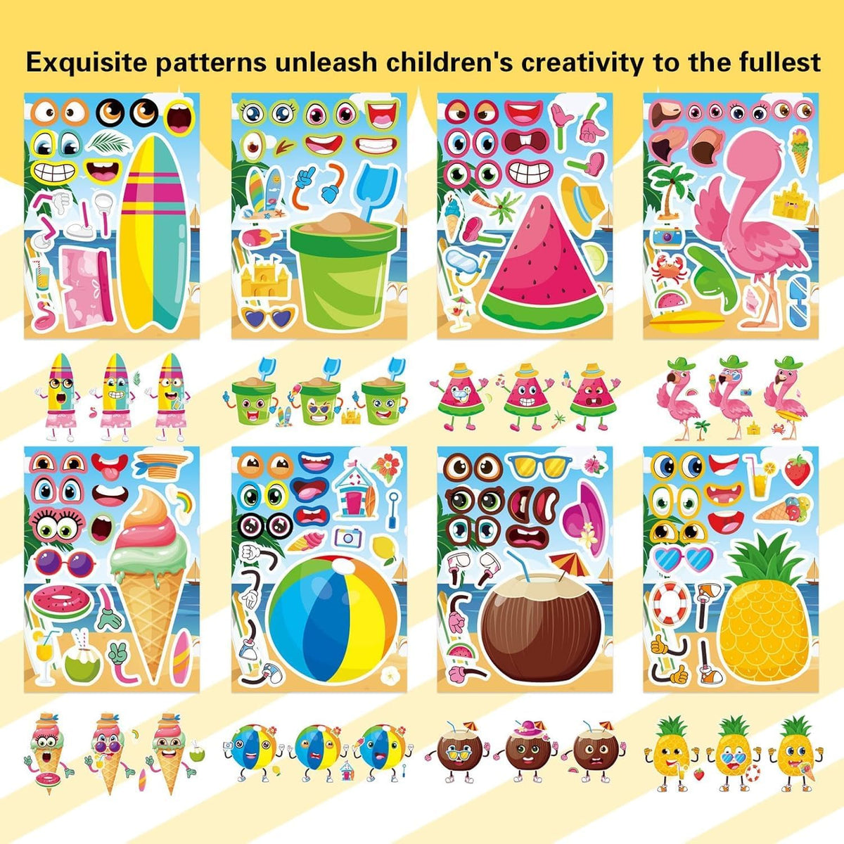 32 Sheets Summer Stickers for Kids, Make a Face Sticker Hawaii Tropical Pool Beach Stickers, Make Your Own Watermelon Pineapple Flamingo Sticker for Tropical Luau Party, Summer Holiday Party Favors