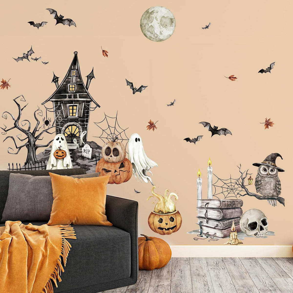 SHUCHING Halloween Castle Ghost Wall Decal, Bat Pumpkin Wall Sticker
