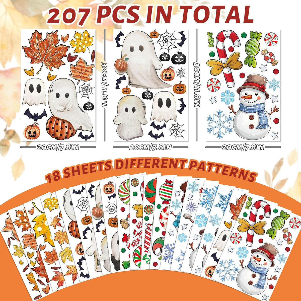 JarThenaAMCS 207Pcs Fall Halloween Christmas Winter Window Clings Maple Leaves Ghost Candy Snowman Double-Sided Glass Decal for Holiday Home School Party Decor,18 Sheets