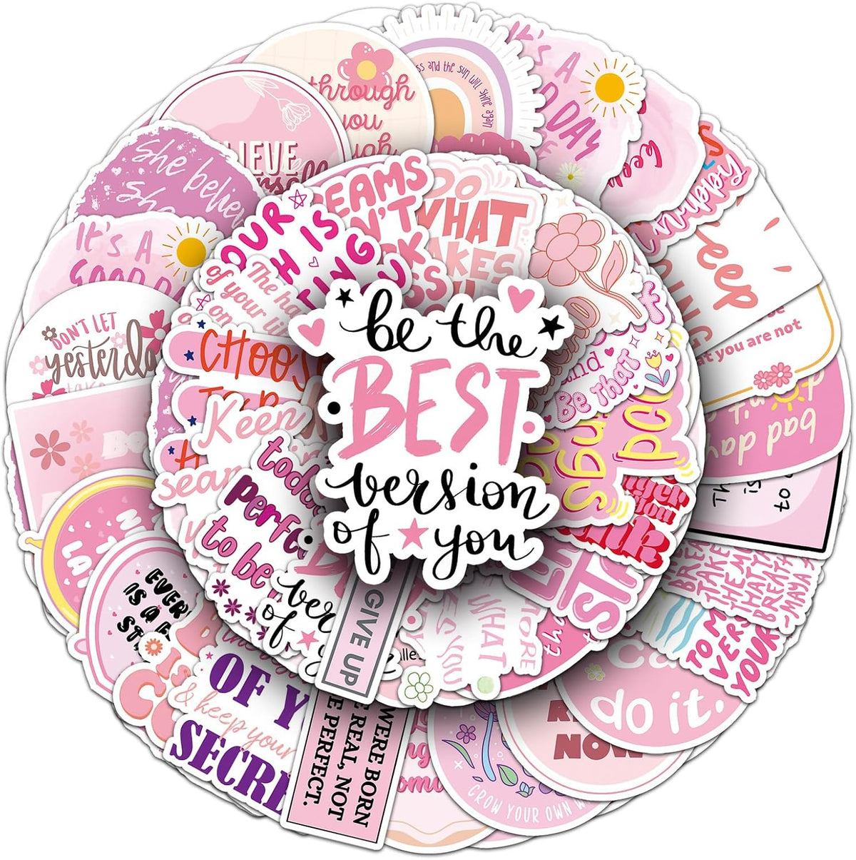 50pcs Pink Motivational Stickers for Girl, Positive Quote Waterproof Vinyl Decal for Kids Adult Teen Laptop Skateboard Water Bottle Phone Notebook Guitar(Pink Inspirational Words)