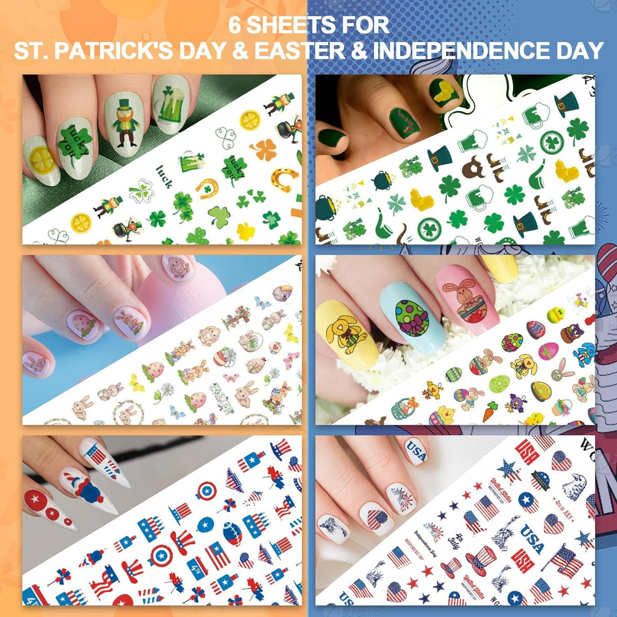 Whaline 18 Sheets All Season Nail Art Stickers Easter St. Patrick's All Holiday Valentine's Day Fall Halloween Winter Christmas 4th of July Self-Adhesive Nail Decals for DIY Manicure Party Decor