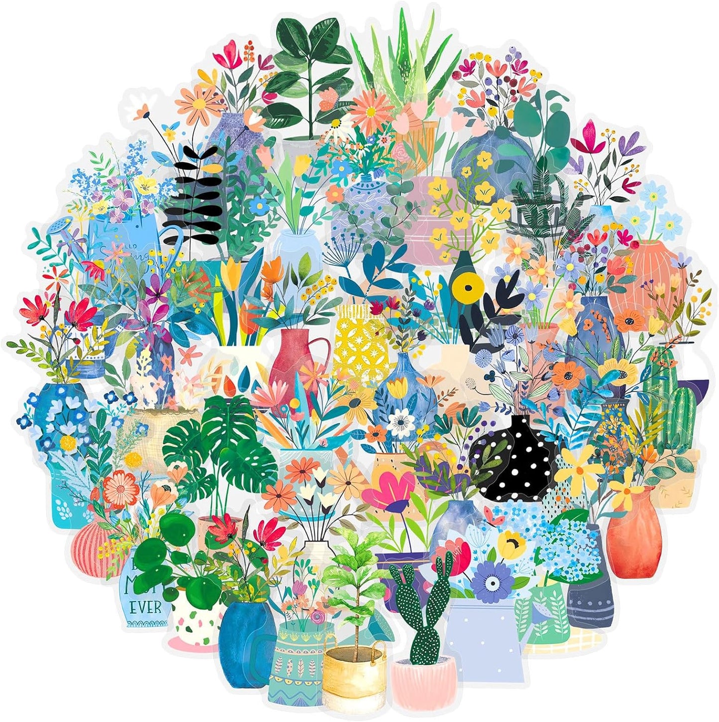 50 Pcs Green Plants PET Stickers Potted Plant Floral Sticker for Laptops Water Bottles Flower Pots Vases Decorative Phone Book Guitar Vinyl Decals for Kids Teens Adults (Plant)