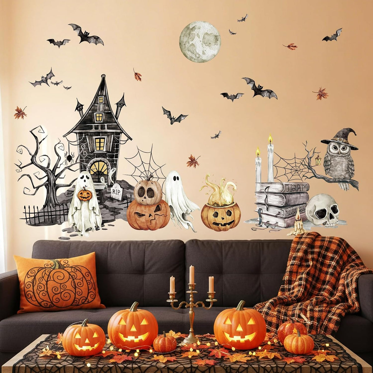 SHUCHING Halloween Castle Ghost Wall Decal, Bat Pumpkin Wall Sticker