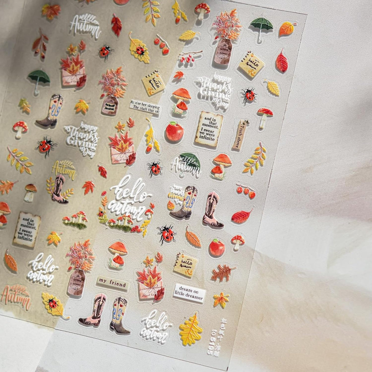 Maple Nail Stickers Leaf Mushroom Nail Decals 3D Self-Adhesive Boots Envelope Nails Designs 5D Embossed Animals Plants Insects Nails Supplies for Women Holiday DIY Manicure 1 Sheet