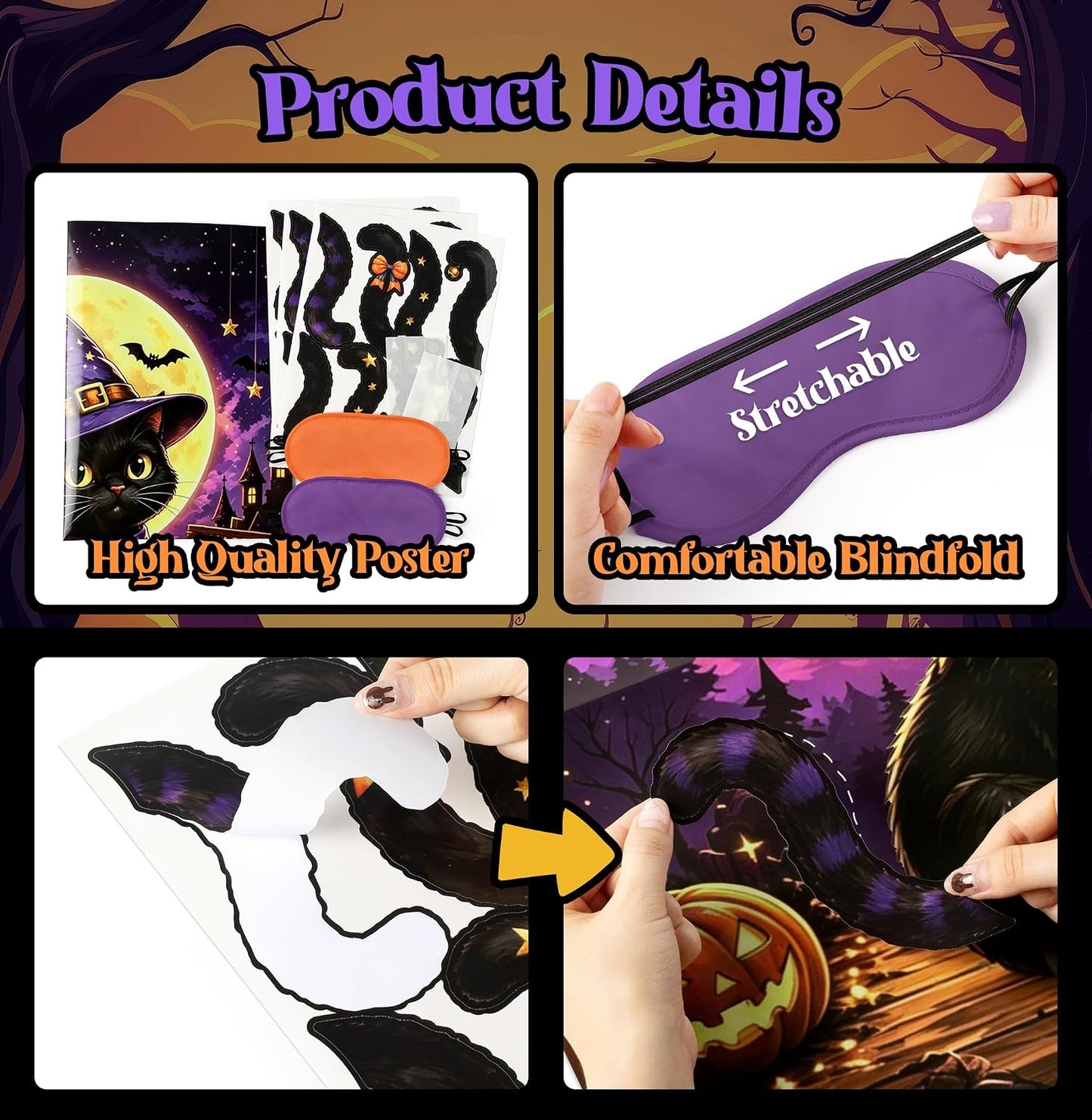Halloween Pin the Tail On the Black Cat Party Game Poster for Kids