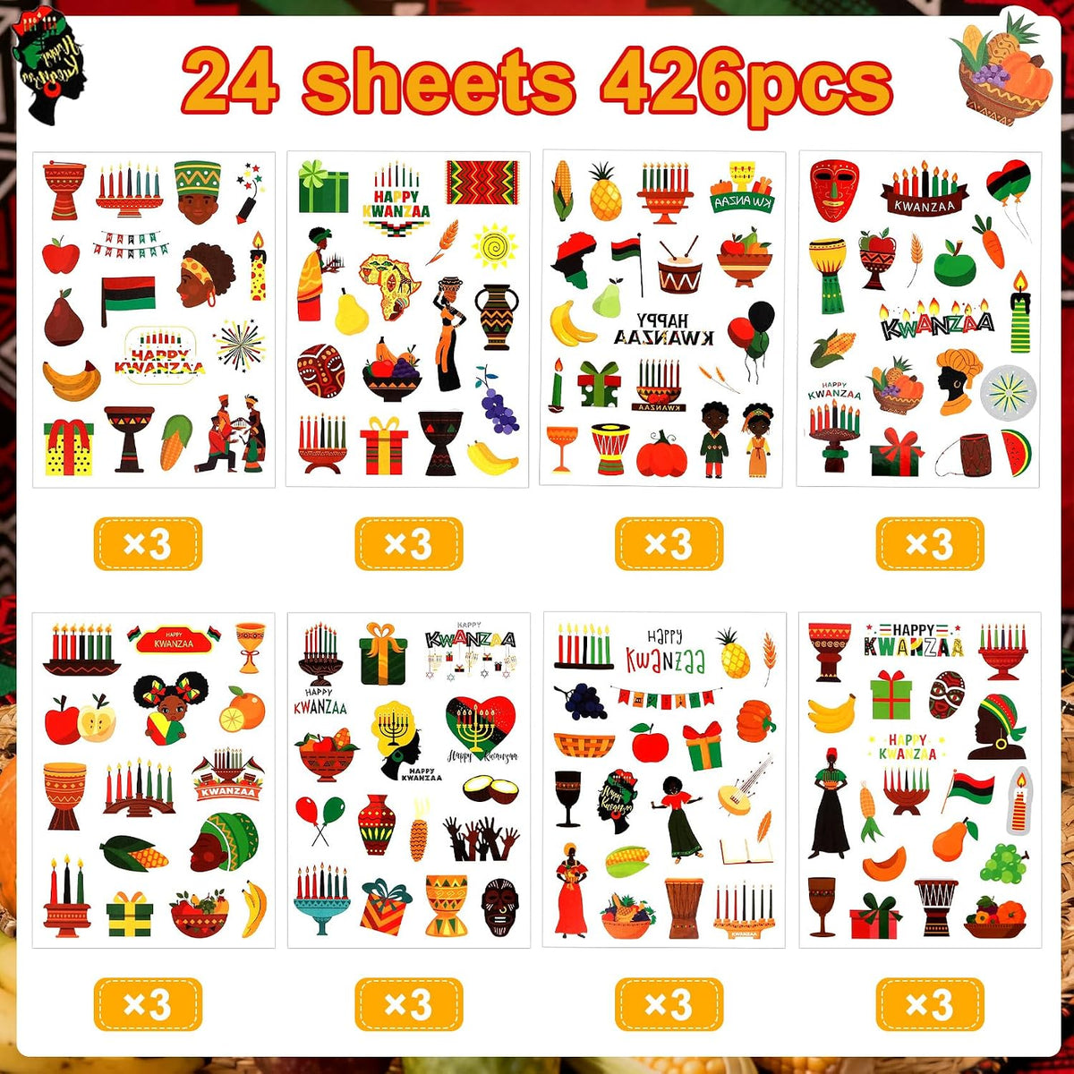 Kwanzaa Stickers, 426 PCS Happy Kwanzaa Stickers, 24 Sheets Self-Adhesive African American Festival Holiday Sticker Crafted Decals for Scrapbooking Activity Decorations Party Favors