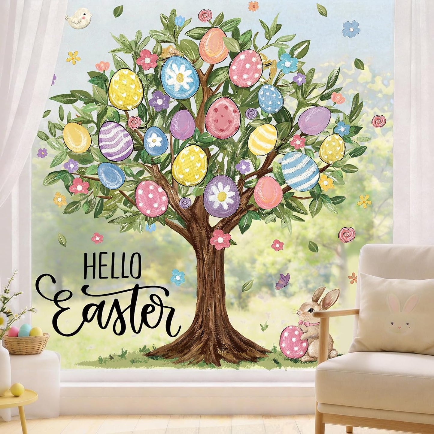 6 Sheets Extra Large Easter Egg Tree Window Clings 31.5 Inch for Kids Home School Office Classroom Party Supplies