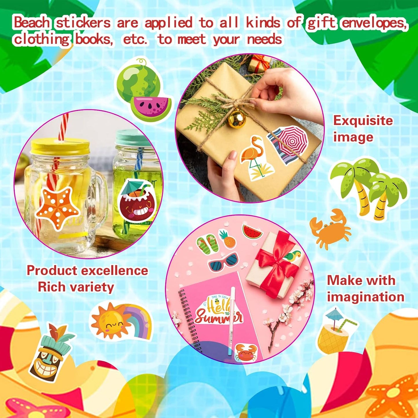 24 Sheets Summer Pool Beach Stickers Luau Hawaii Sun Stickers Beach Watermelon Beer Ice Cream Pineapple Sticker for Hawaii Tropical Party Decoration Sticker Summer Holiday Party Favors