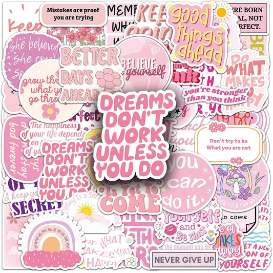 50pcs Pink Motivational Stickers for Girl, Positive Quote Waterproof Vinyl Decal for Kids Adult Teen Laptop Skateboard Water Bottle Phone Notebook Guitar(Pink Inspirational Words)