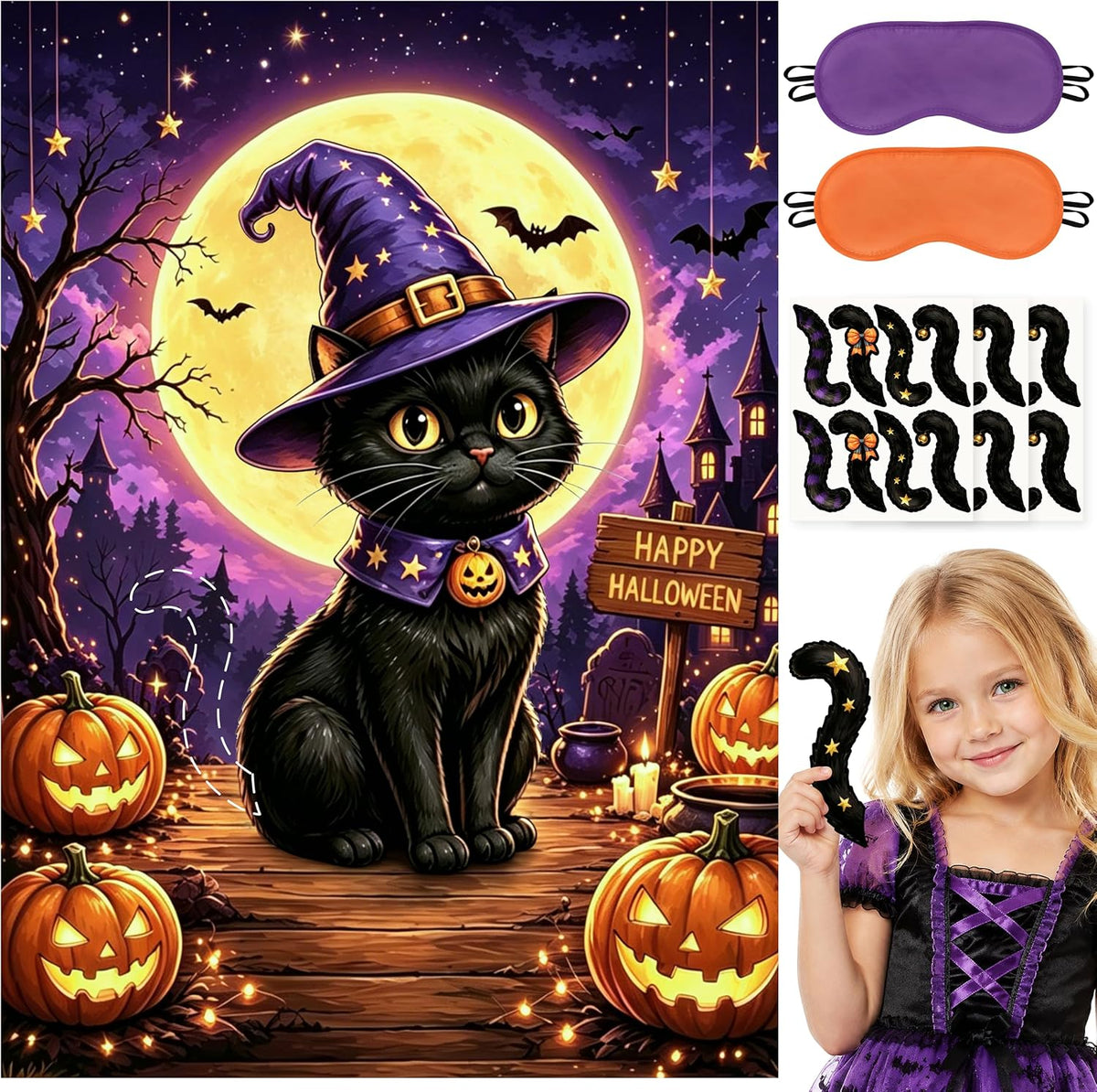 Halloween Pin the Tail On the Black Cat Party Game Poster for Kids