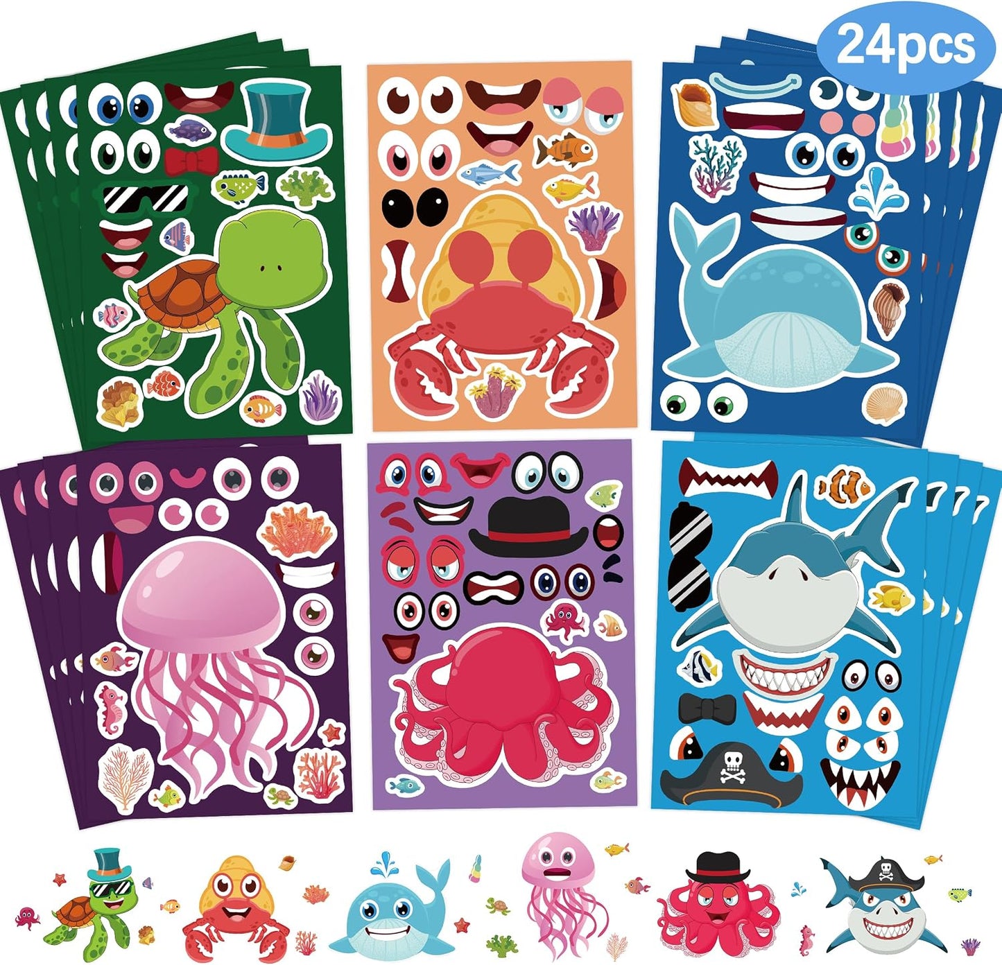 24 Sheets Ocean Animal Make a Face Stickers for Kids Party Favors