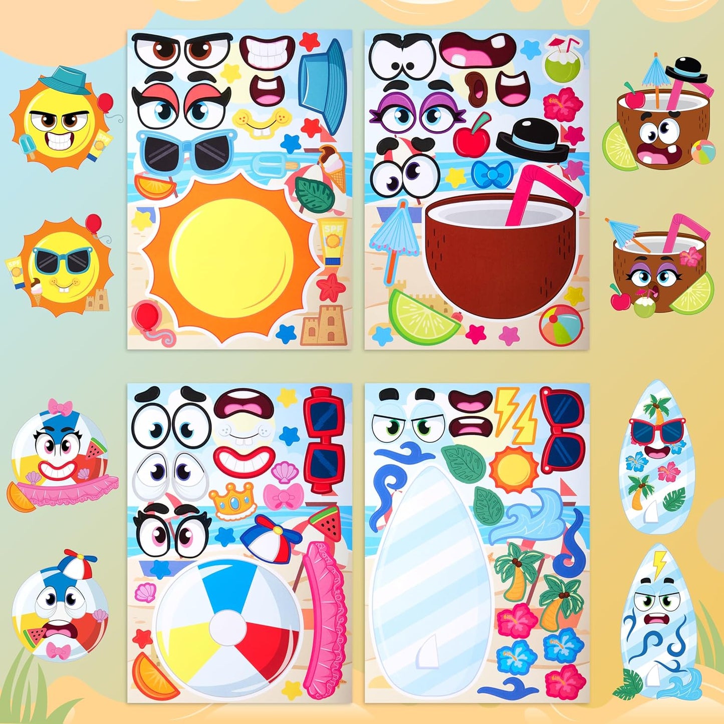 JOYIN 36 Pcs 9"x6" Summer Make a face Stickers for Kids, Make Your Own Hawaii Pool Beach Sticker Sheets, Luau Craft Party Decor, Summer Holiday Party Favors Kids Crafts, Goodie Bags Stuffers