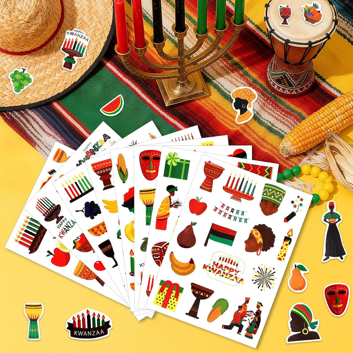 Kwanzaa Stickers, 426 PCS Happy Kwanzaa Stickers, 24 Sheets Self-Adhesive African American Festival Holiday Sticker Crafted Decals for Scrapbooking Activity Decorations Party Favors