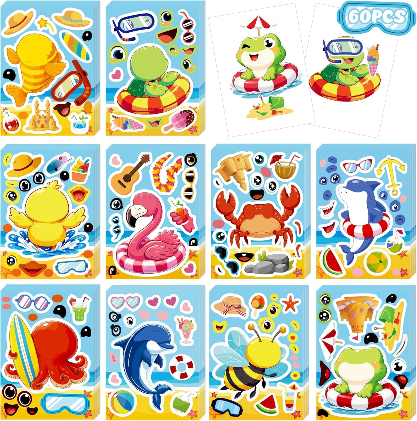 60Sheets Summer Animal Stickers Crafts Bulk, Hawaiian Beach Tropical Make-A-Flamingo/Bee/Fish Face Sticker Holiday Gifts Luau Pool Activity Games Goodie Bag Stuffer Party Favors(Small Size)