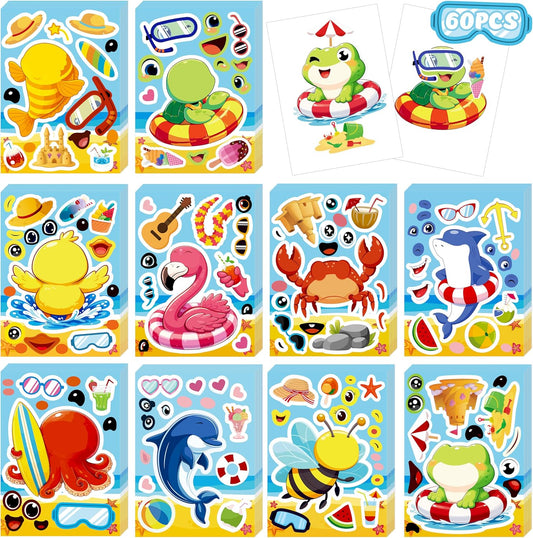 60Sheets Summer Animal Stickers Crafts Bulk, Hawaiian Beach Tropical Make-A-Flamingo/Bee/Fish Face Sticker Holiday Gifts Luau Pool Activity Games Goodie Bag Stuffer Party Favors(Small Size)