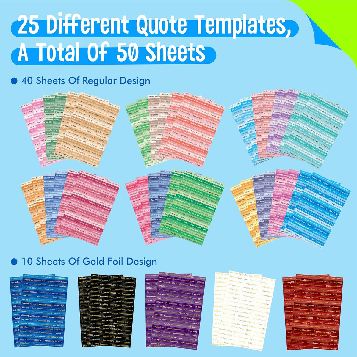 2398PCS Quote Stickers, Gold Foil Word Phrase Stickers for Junk Journal, Pre-Cut Motivational Inspirational Small Talk Labels for Scrapbook, DIY Craft Card Making (50 Sheets)