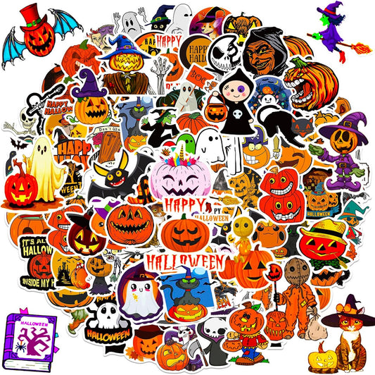Halloween Stickers, 100Pcs Halloween Pumpkin Theme Stickers Bulk, Vinyl Waterproof Halloween Holiday Party Sticker, Halloween Holiday Gifts for Kids Teens Adults