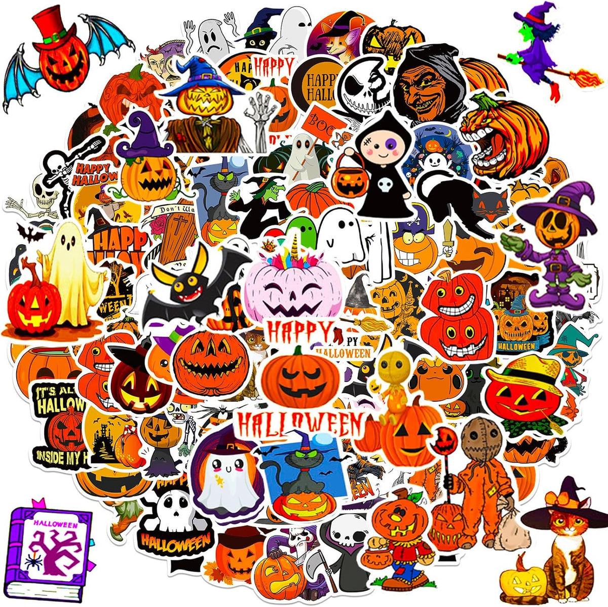 Halloween Stickers, 100Pcs Halloween Pumpkin Theme Stickers Bulk, Vinyl Waterproof Halloween Holiday Party Sticker, Halloween Holiday Gifts for Kids Teens Adults