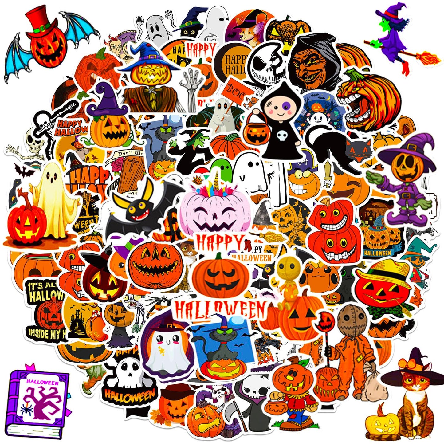 Halloween Stickers, 100Pcs Halloween Pumpkin Theme Stickers Bulk, Vinyl Waterproof Halloween Holiday Party Sticker, Halloween Holiday Gifts for Kids Teens Adults