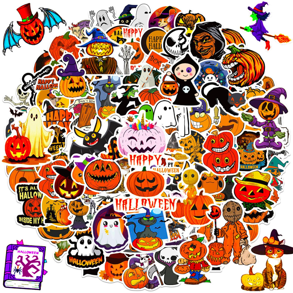 Halloween Stickers, 100Pcs Halloween Pumpkin Theme Stickers Bulk, Vinyl Waterproof Halloween Holiday Party Sticker, Halloween Holiday Gifts for Kids Teens Adults
