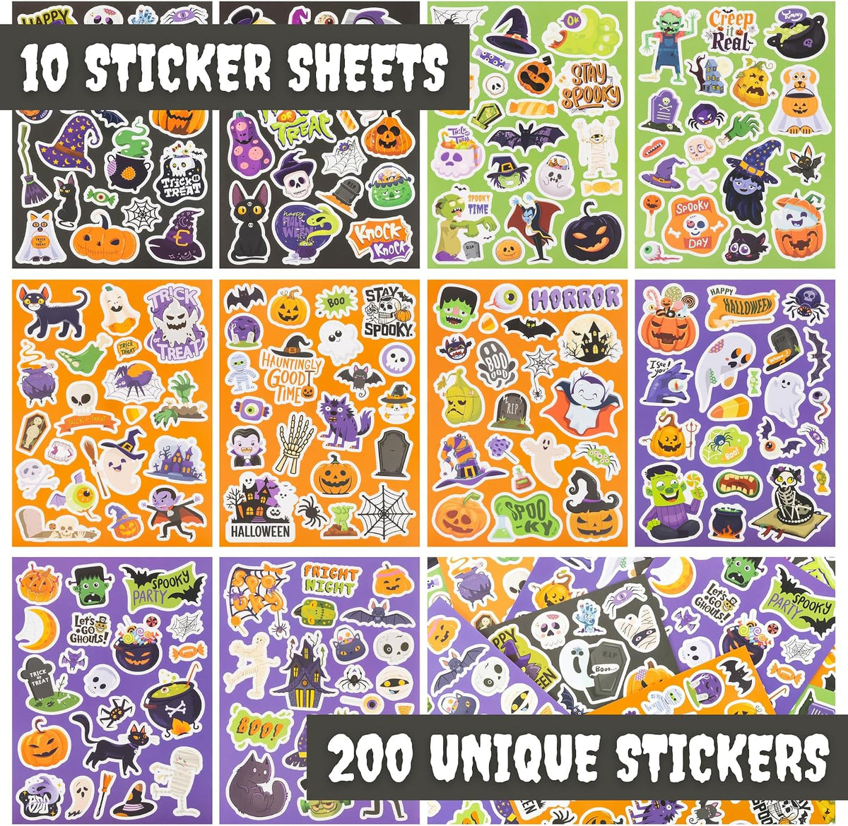 Fun Halloween Stickers for Kids - Large Set of 200 Spooky Stickers