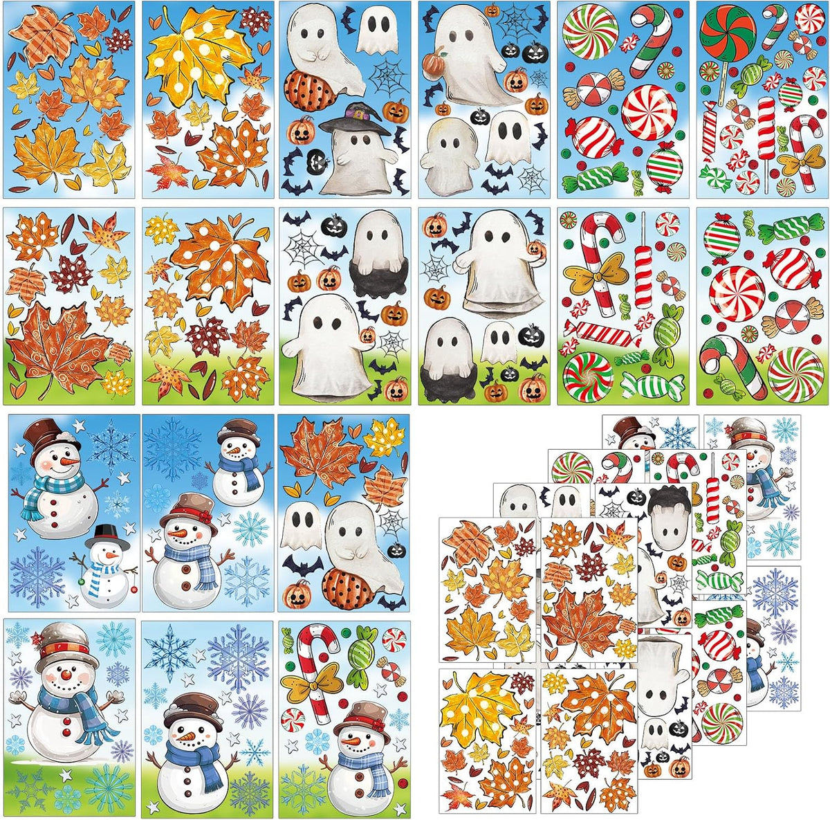 JarThenaAMCS 207Pcs Fall Halloween Christmas Winter Window Clings Maple Leaves Ghost Candy Snowman Double-Sided Glass Decal for Holiday Home School Party Decor,18 Sheets