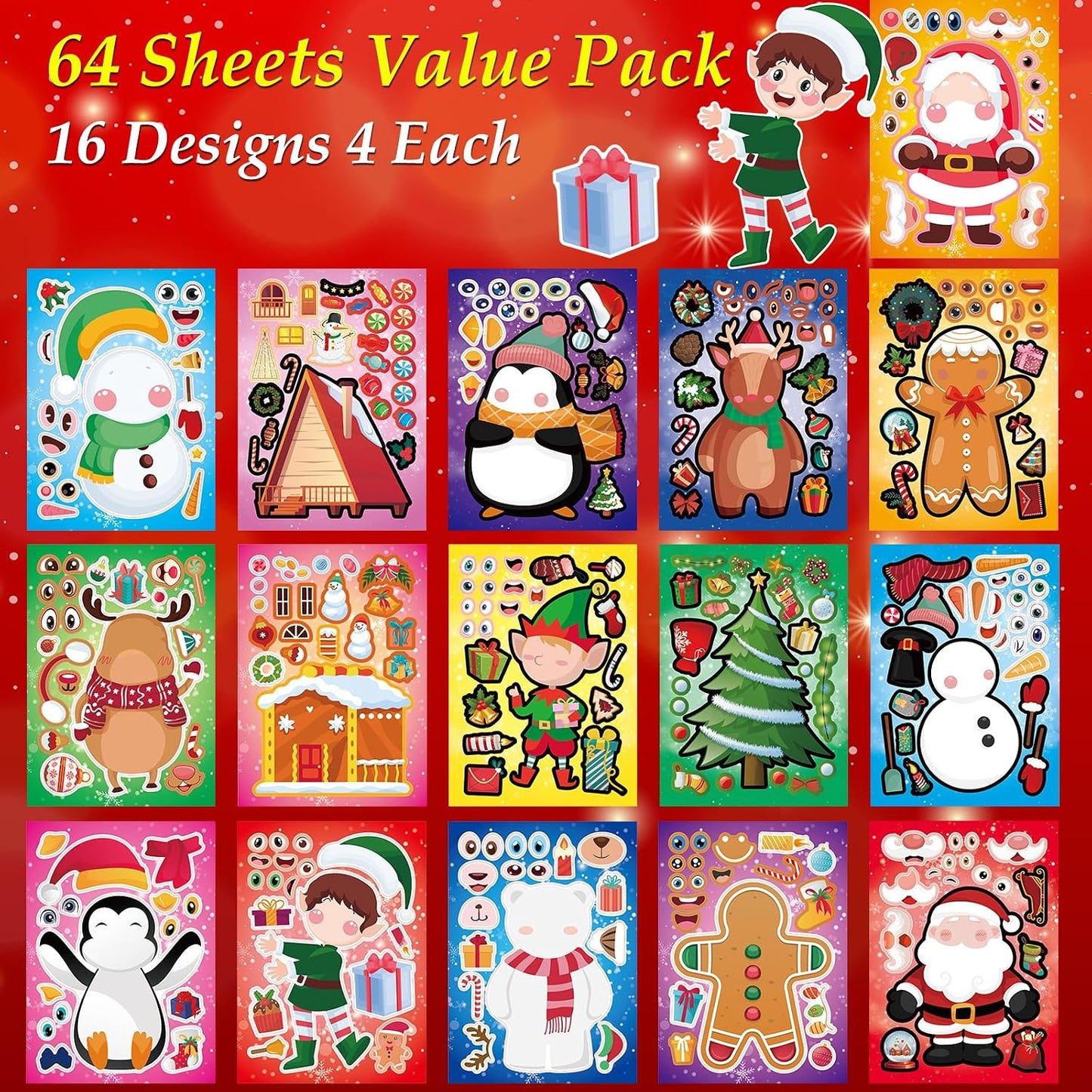 Aowplc Christmas Stickers 64 Sheets Make Your Own Christmas Characters Stickers for Kids Holiday Party Favors Crafts Activities Supplies