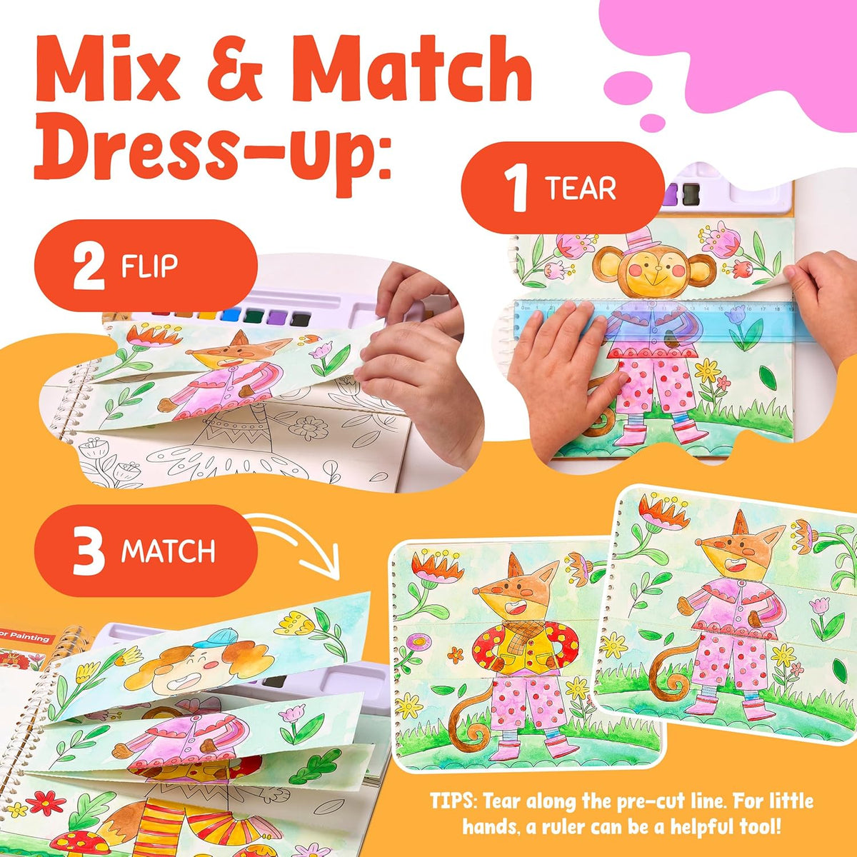 JoyCat Mix & Match Paint with Water Coloring Books with Stickers (Animals)