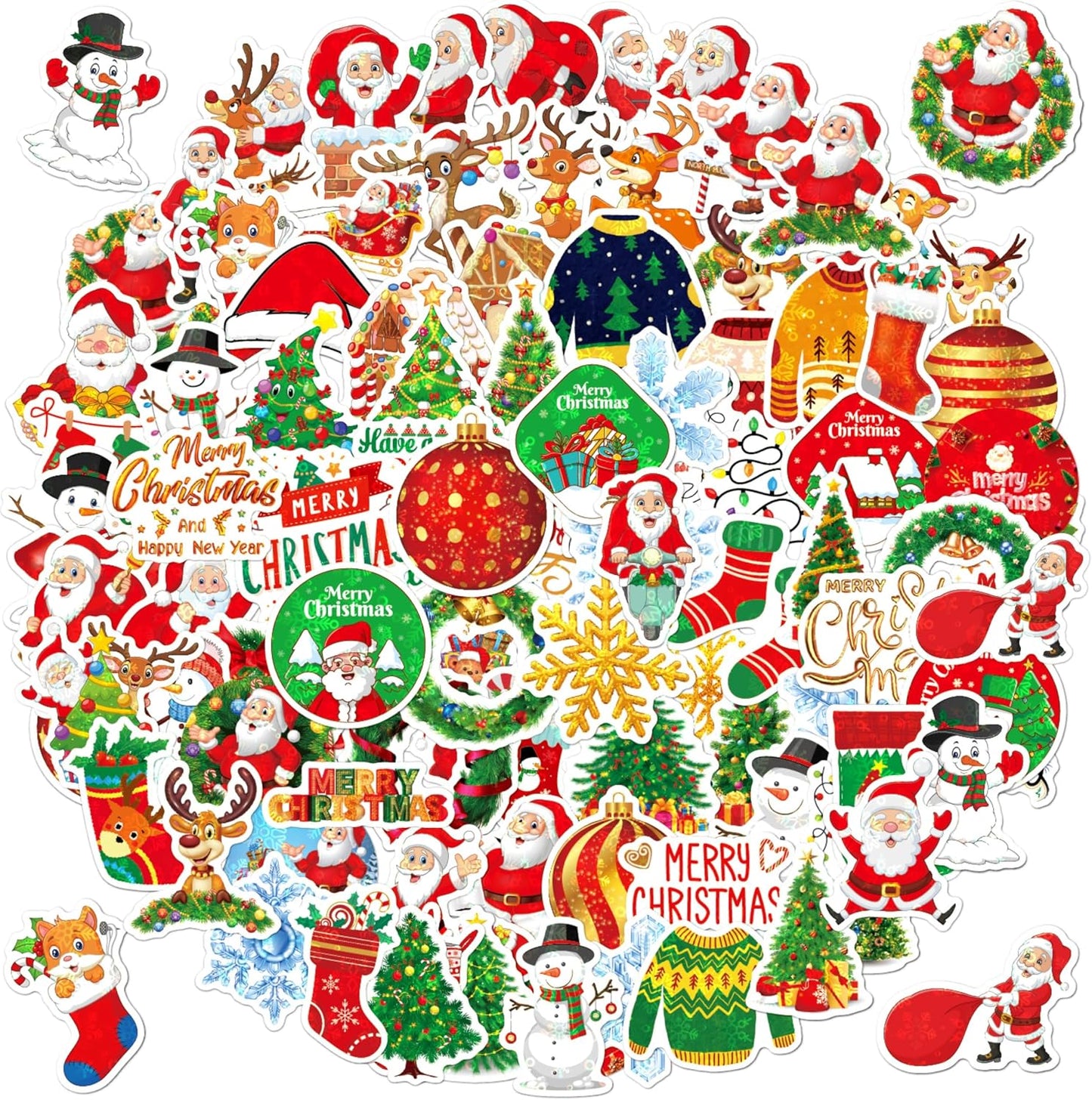 100 Non-Repeating Glitter Christmas Stickers, Assorted Vinyl Waterproof Holographic Winter Holiday Stickers for Christmas Decorations Envelopes Cards Sealing Craft Party Favors