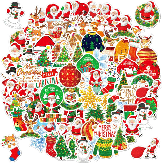 100 Non-Repeating Glitter Christmas Stickers, Assorted Vinyl Waterproof Holographic Winter Holiday Stickers for Christmas Decorations Envelopes Cards Sealing Craft Party Favors