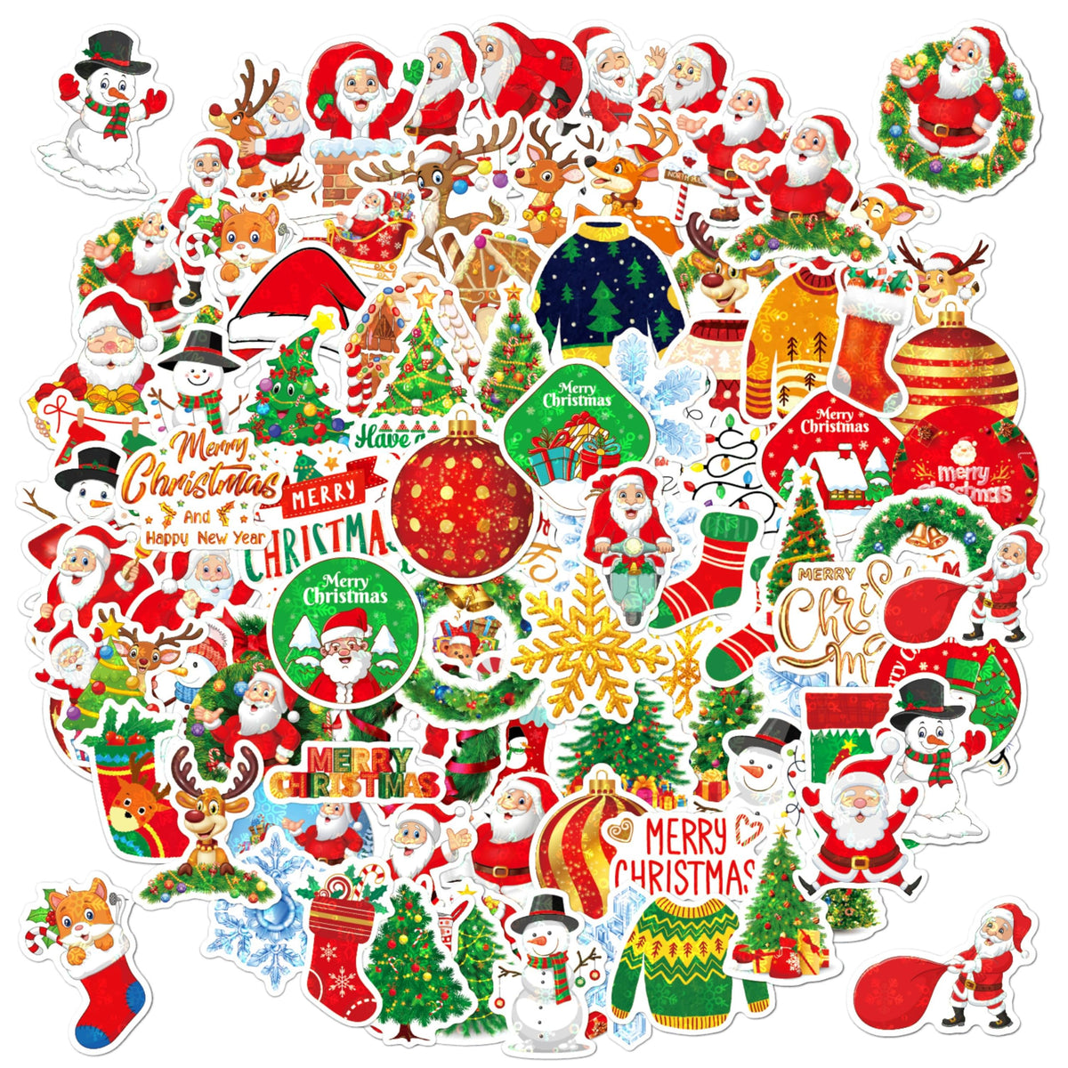 100 Non-Repeating Glitter Christmas Stickers, Assorted Vinyl Waterproof Holographic Winter Holiday Stickers for Christmas Decorations Envelopes Cards Sealing Craft Party Favors