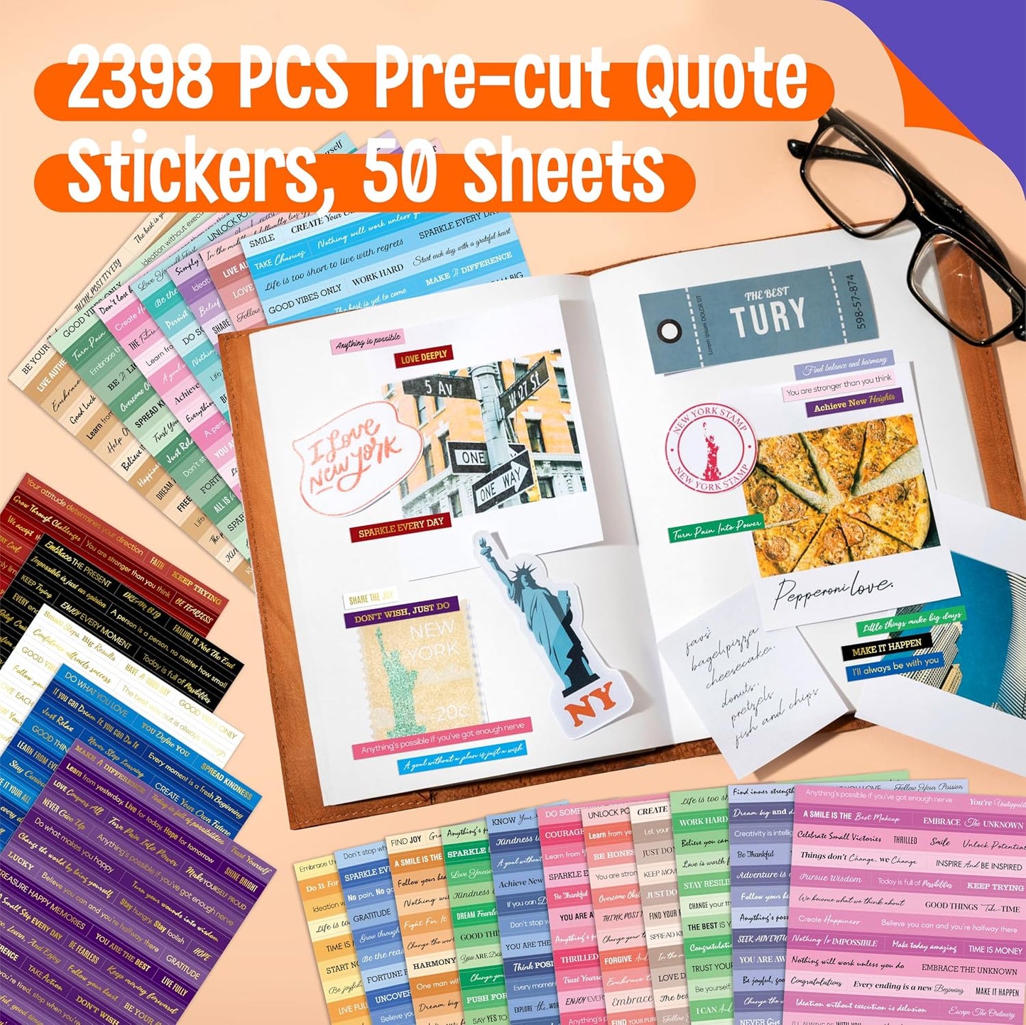 2398PCS Quote Stickers, Gold Foil Word Phrase Stickers for Junk Journal, Pre-Cut Motivational Inspirational Small Talk Labels for Scrapbook, DIY Craft Card Making (50 Sheets)