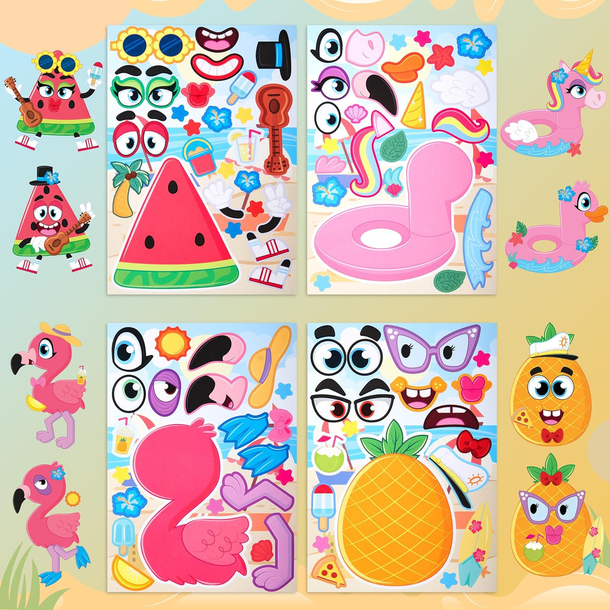 JOYIN 36 Pcs 9"x6" Summer Make a face Stickers for Kids, Make Your Own Hawaii Pool Beach Sticker Sheets, Luau Craft Party Decor, Summer Holiday Party Favors Kids Crafts, Goodie Bags Stuffers