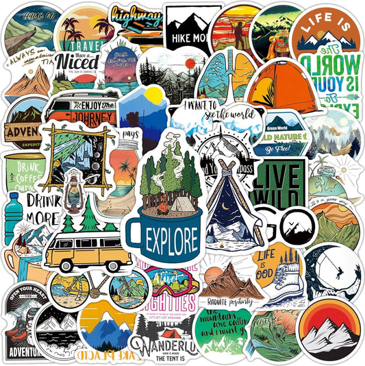 100 PCS Outdoor Camping Travel Stickers, Nature Scenic Sticker Packs Hiking Mountain Wildlife Adventure Decals for Men, Vinyl Waterproof Sticker for Water Bottles Luggage Suitcases Bike Kayak Camping