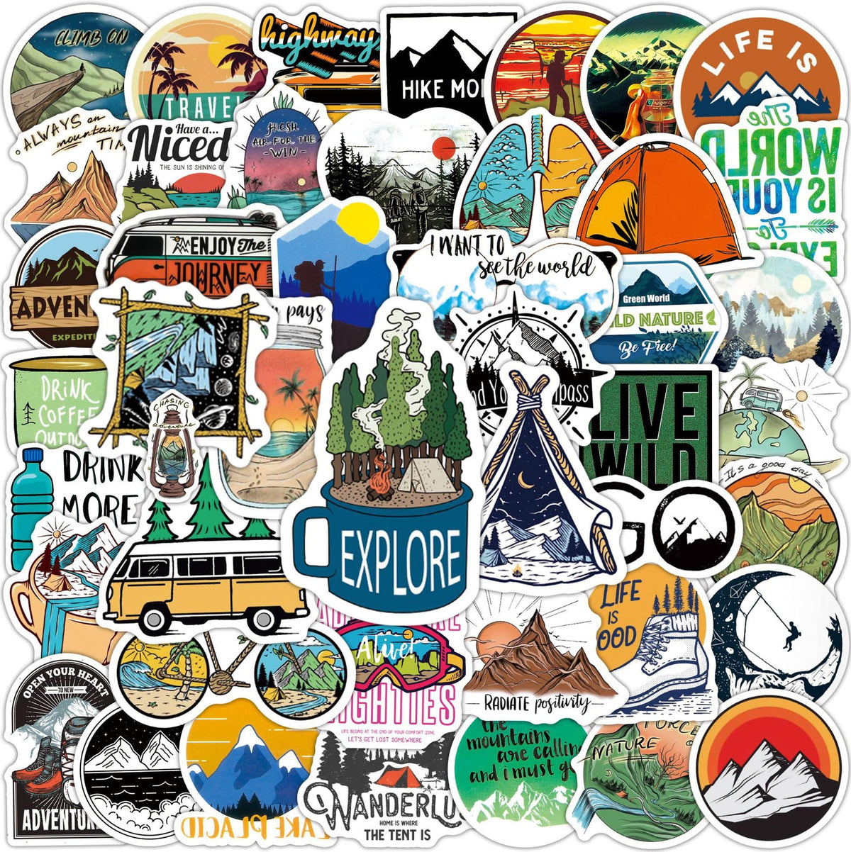 100 PCS Outdoor Camping Travel Stickers, Nature Scenic Sticker Packs Hiking Mountain Wildlife Adventure Decals for Men, Vinyl Waterproof Sticker for Water Bottles Luggage Suitcases Bike Kayak Camping