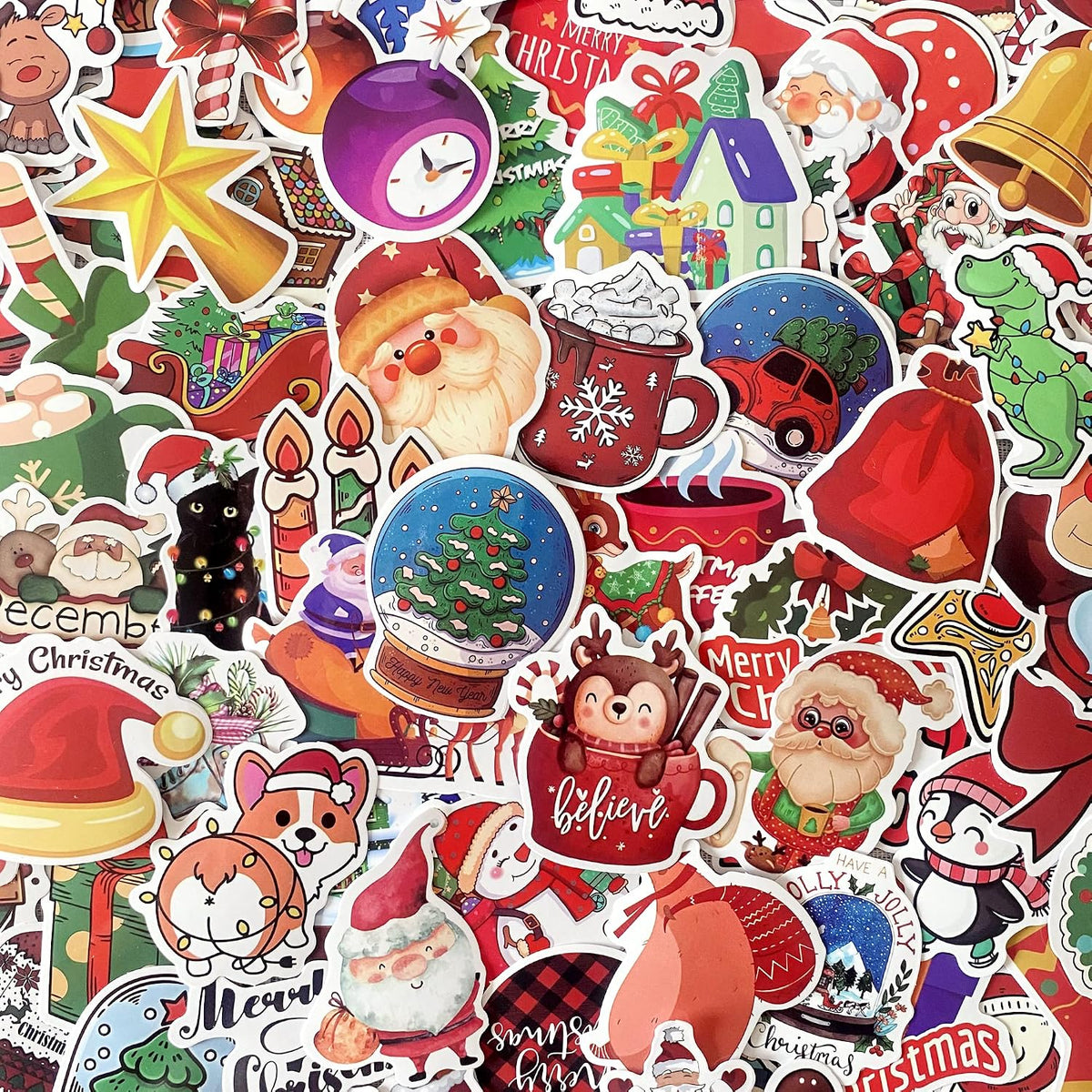 AOWDIAO 200 Pcs Cute Christmas Vinyl Stickers for Water Bottles, Scrapbooking & Crafts – Fun Holiday Party Favors, Xmas Gifts for Kids & Adults