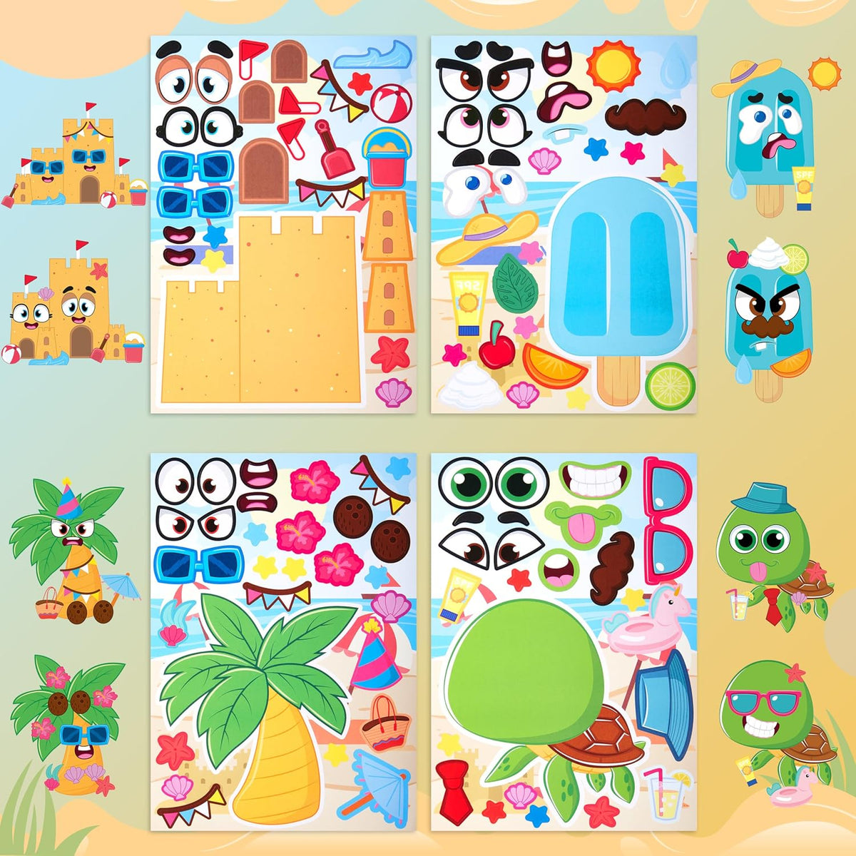 JOYIN 36 Pcs 9"x6" Summer Make a face Stickers for Kids, Make Your Own Hawaii Pool Beach Sticker Sheets, Luau Craft Party Decor, Summer Holiday Party Favors Kids Crafts, Goodie Bags Stuffers
