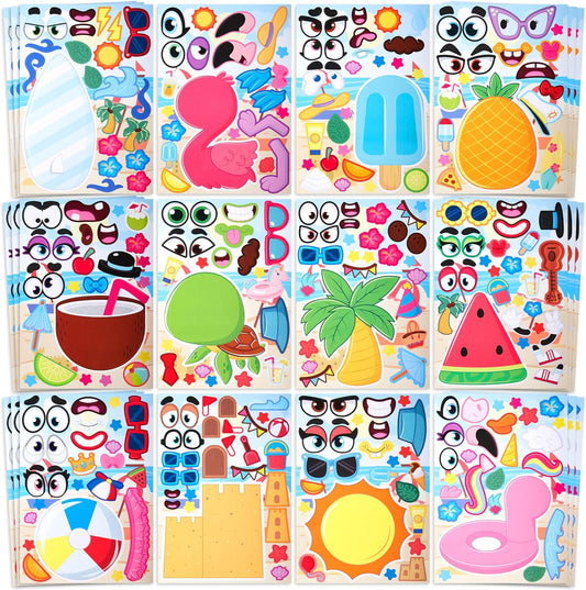 JOYIN 36 Pcs 9"x6" Summer Make a face Stickers for Kids, Make Your Own Hawaii Pool Beach Sticker Sheets, Luau Craft Party Decor, Summer Holiday Party Favors Kids Crafts, Goodie Bags Stuffers