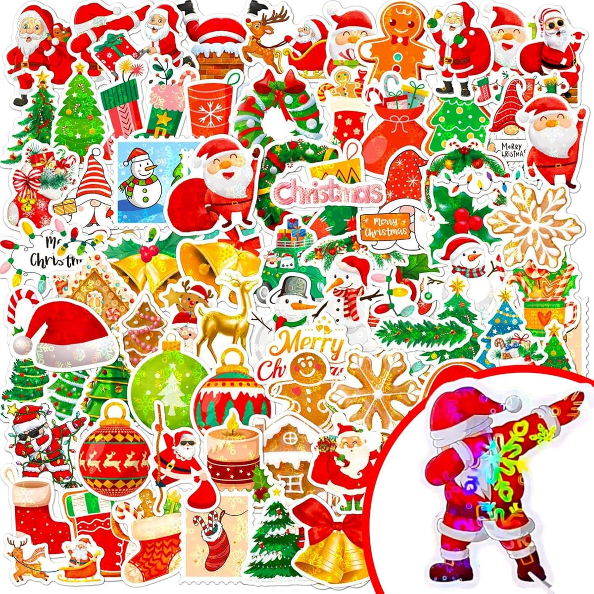 100 Non-Repeating Glitter Christmas Stickers, Assorted Vinyl Waterproof Holographic Winter Holiday Stickers for Christmas Decorations Envelopes Cards Sealing Craft Party Favors
