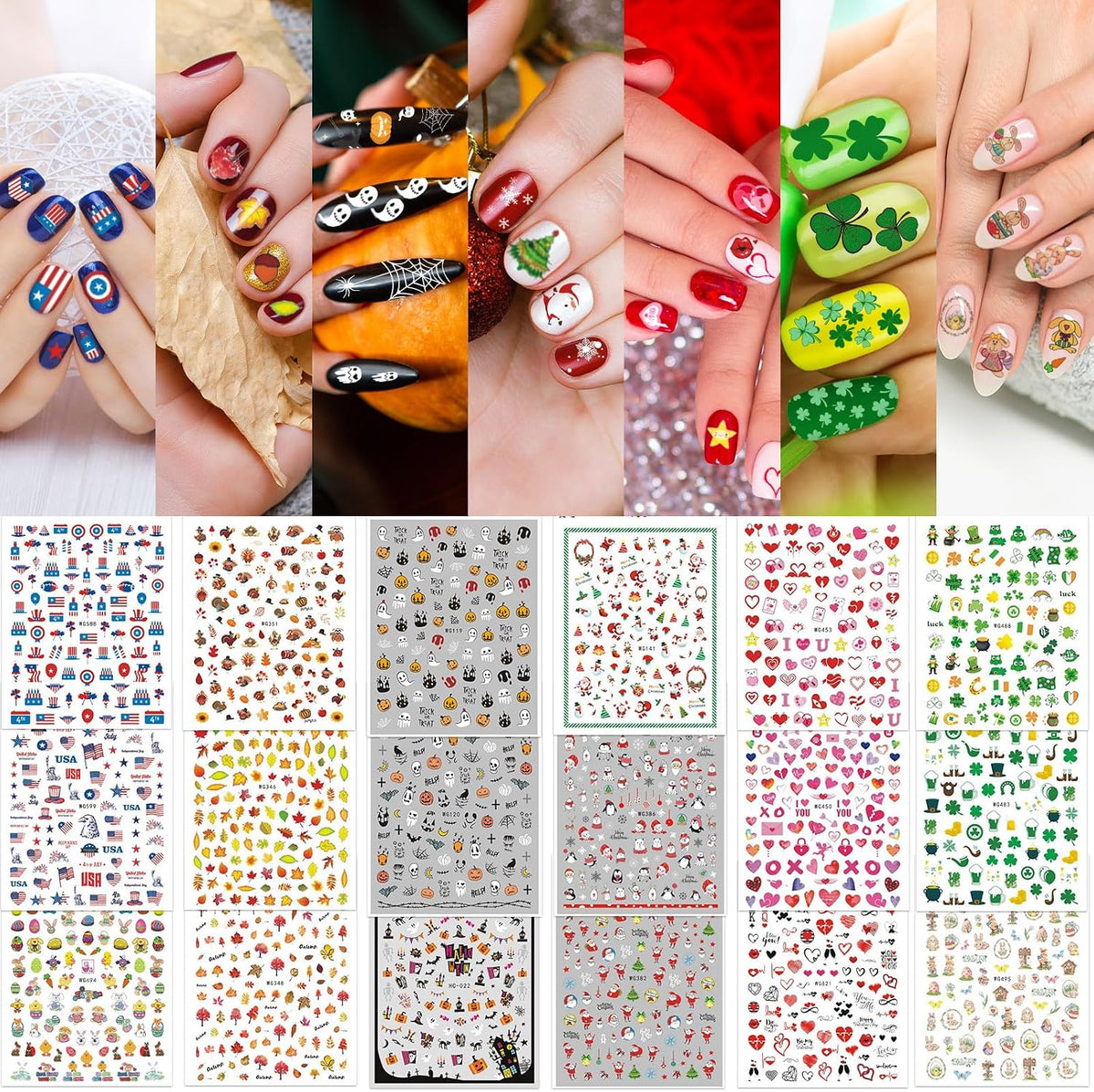 Whaline 18 Sheets All Season Nail Art Stickers Easter St. Patrick's All Holiday Valentine's Day Fall Halloween Winter Christmas 4th of July Self-Adhesive Nail Decals for DIY Manicure Party Decor