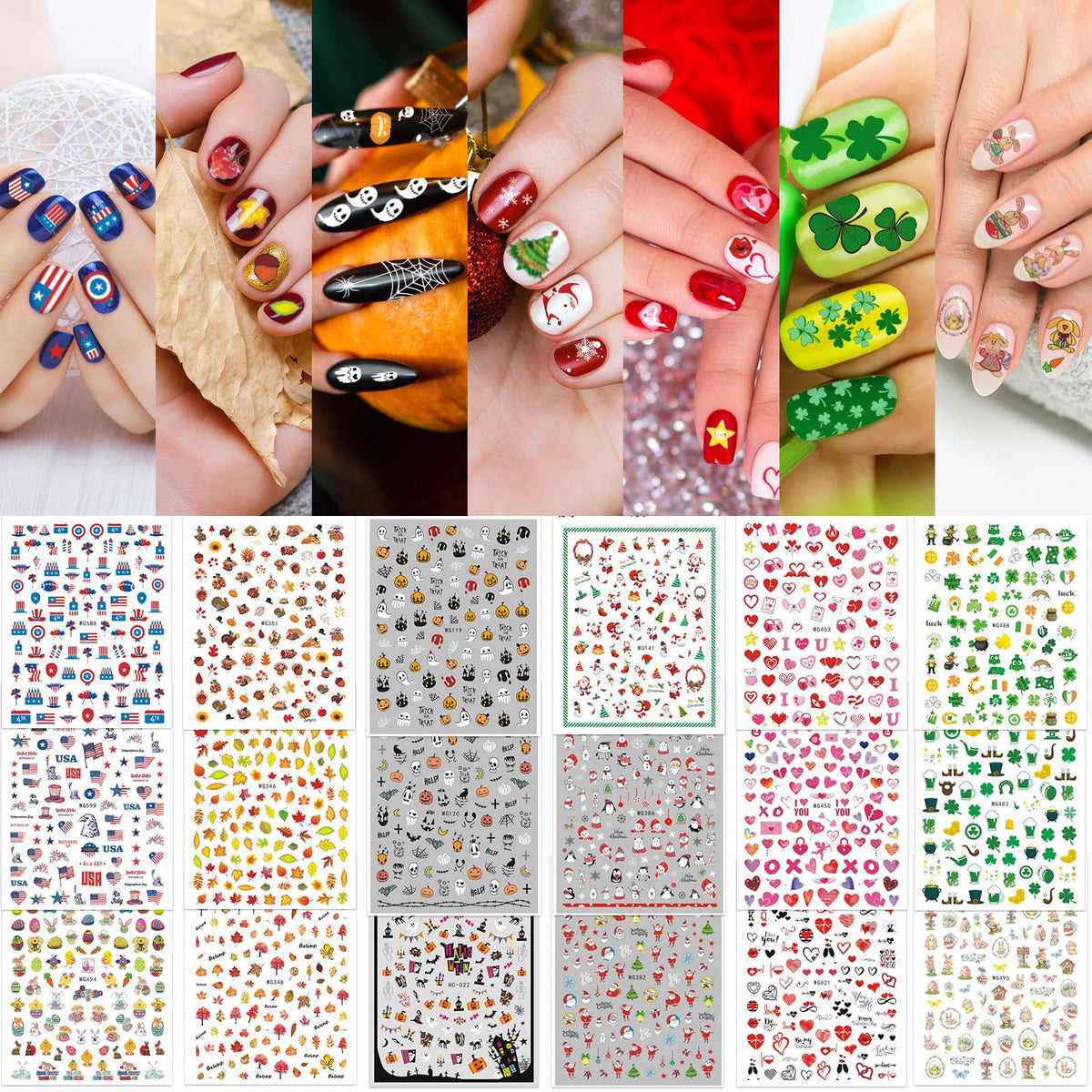 Whaline 18 Sheets All Season Nail Art Stickers Easter St. Patrick's All Holiday Valentine's Day Fall Halloween Winter Christmas 4th of July Self-Adhesive Nail Decals for DIY Manicure Party Decor