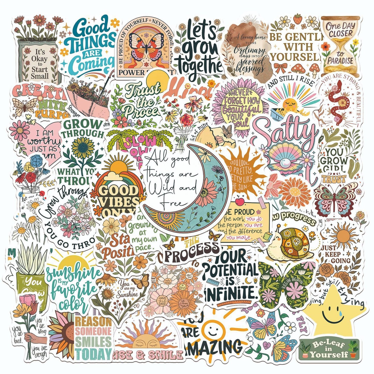 50pcs Flower Motivational Stickers, Motivational Quote Sticker for Water Bottle Adults Women TeenStickers, Vinyl Positive Stickers Decals for Laptop Journal Computer Phone Case(Colourful-P7)